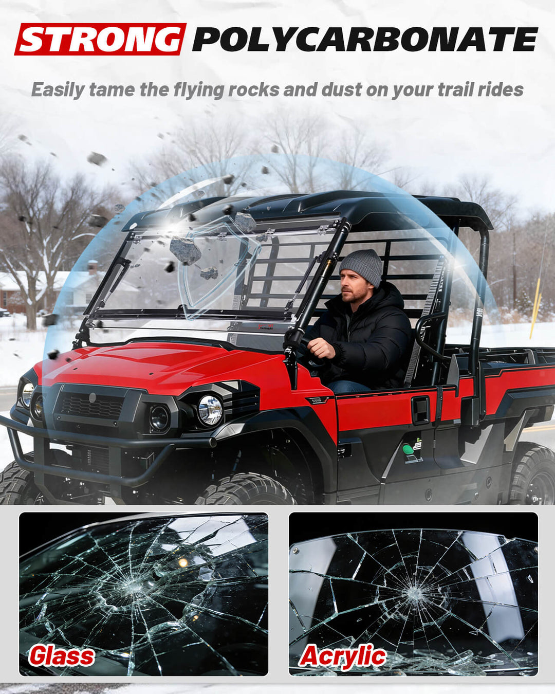 Mule Pro DX Flip windshield use strong PC material