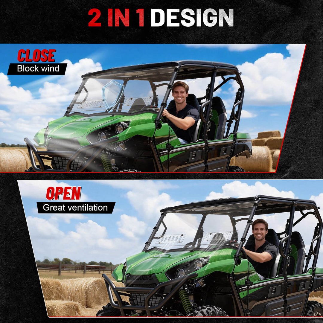 Kawasaki Teryx S vent windshield design showing block wind and open ventilation options.