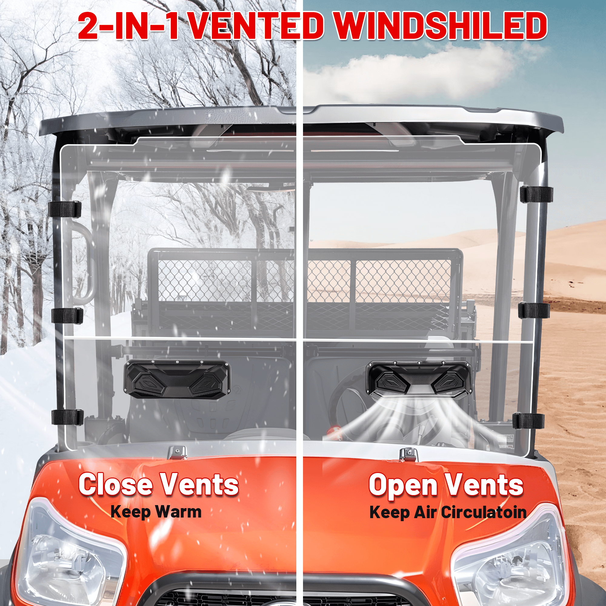2-in 1 vented design for kubota x900 windshield