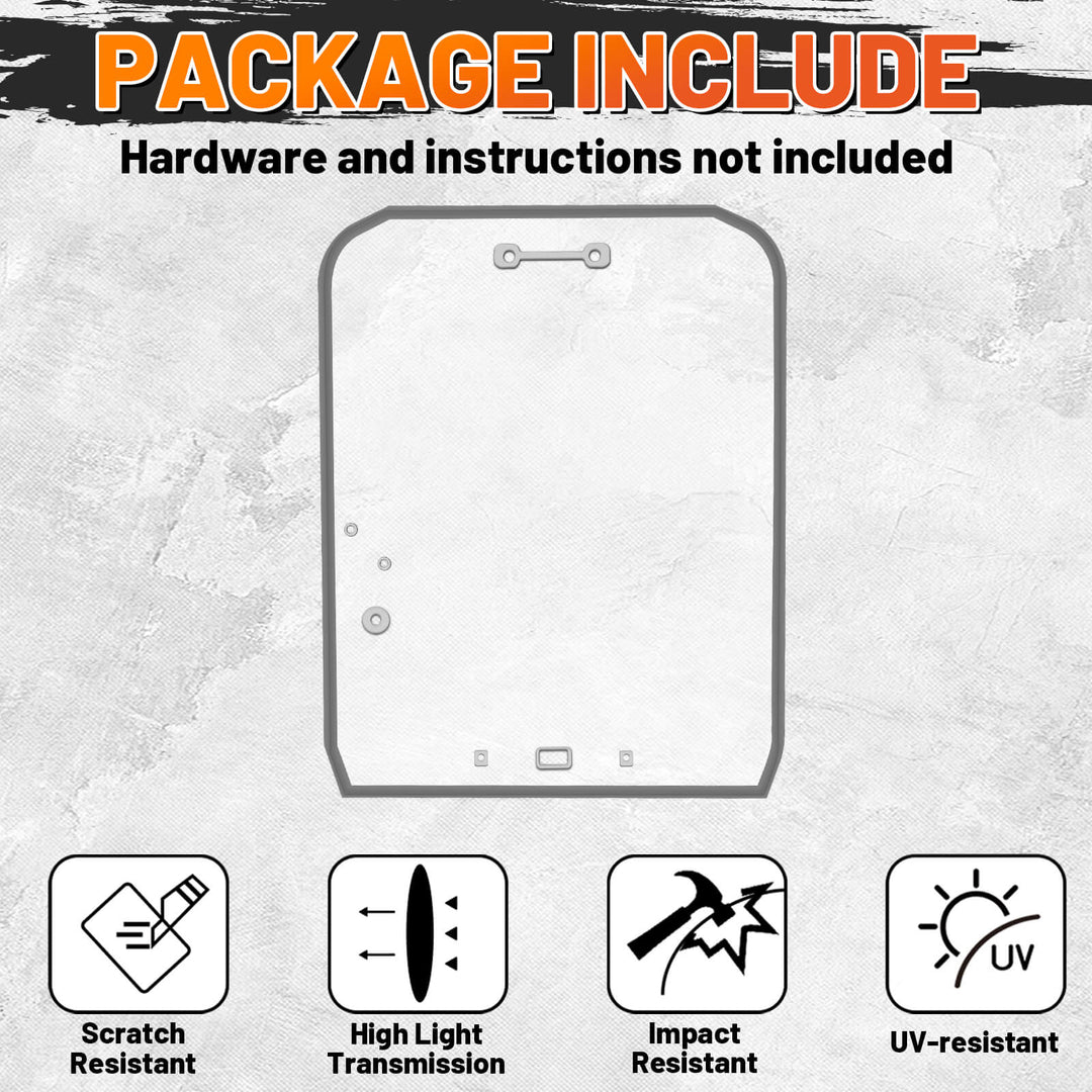 Kubota skidsteer windshield packaging with features listed 