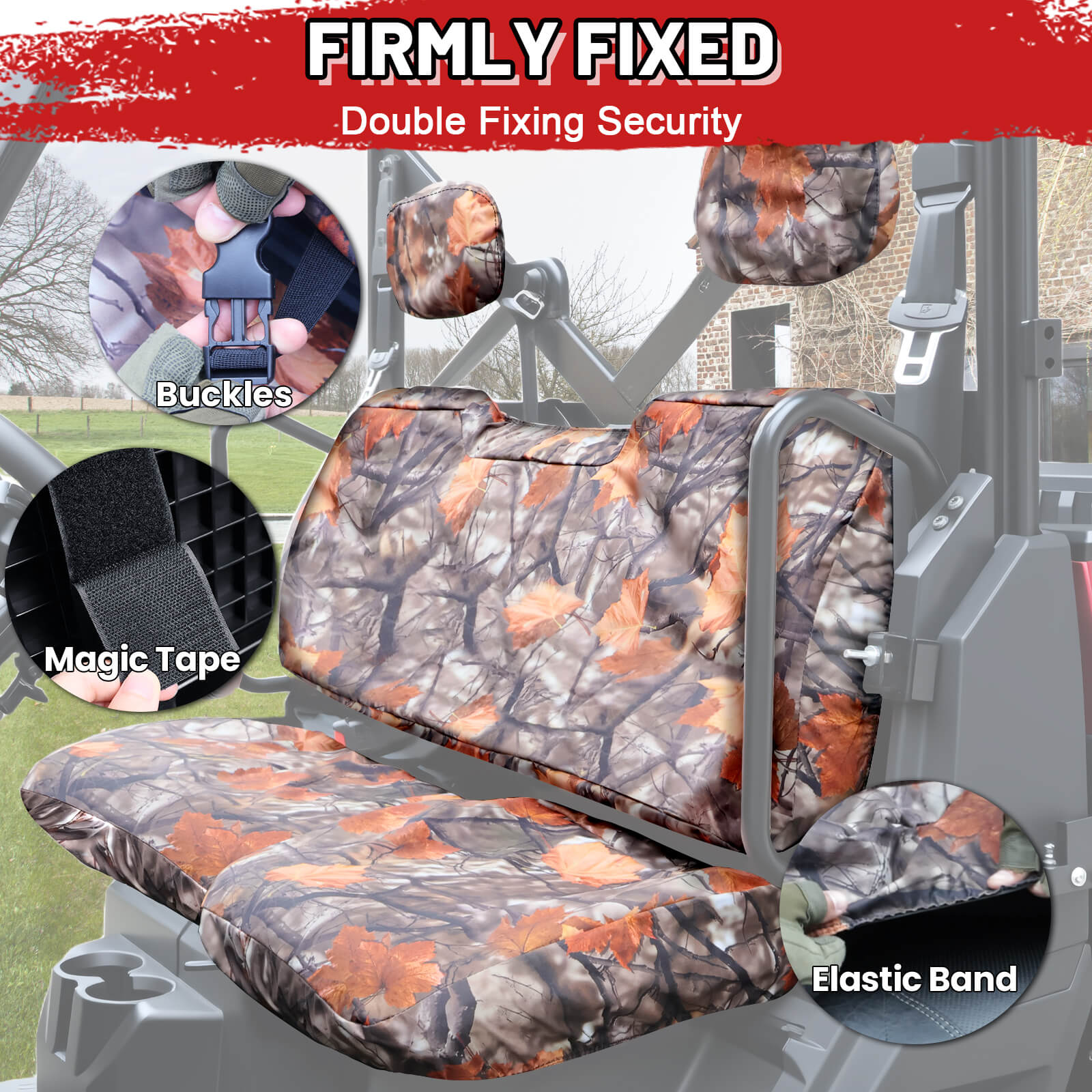 Ranger xp 1000 Camouflage seat cover  with security features highlighted