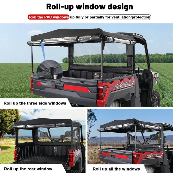 Polaris ranger xp 1000 soft cargo camper bed cover rack roll-up window design