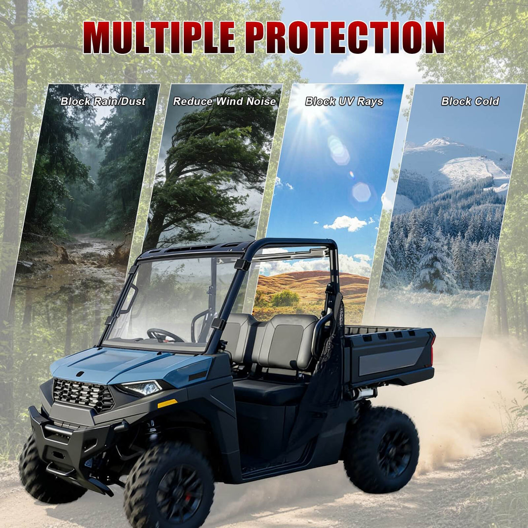 Ranger SP 570 windshield has protective features against rain, dust, wind noise, UV rays, and cold. 