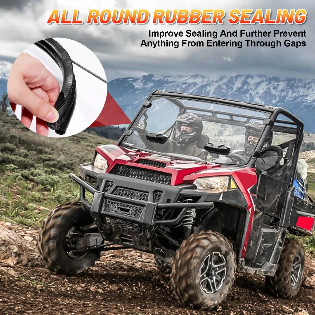 Polaris Ranger XP 1000 navigating rugged terrain with an all-round rubber sealed vented front windshield, enhancing vehicle sealing and protection