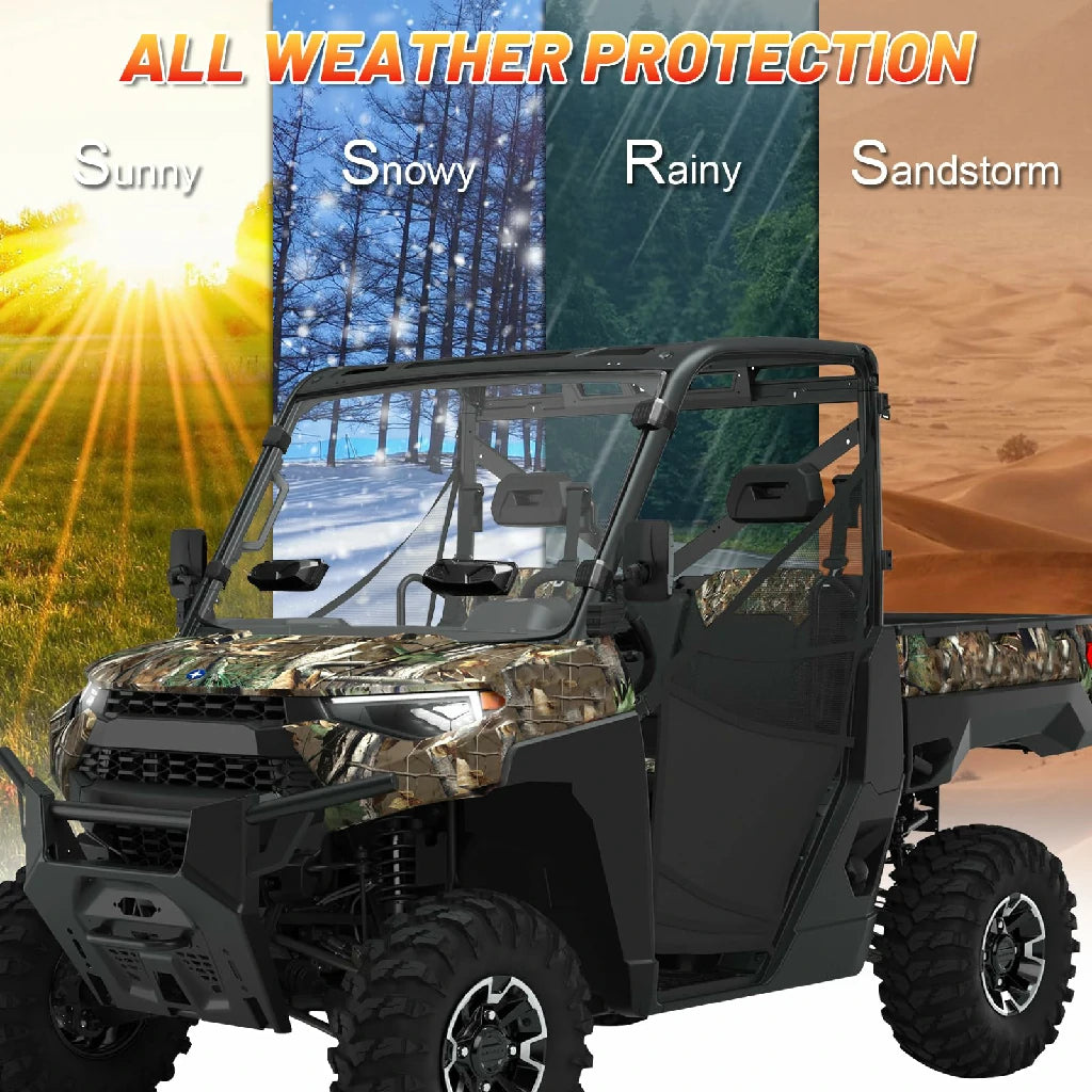 Polaris Ranger equipped with a durable vented front windshield providing all-weather protection in sunny, snowy, rainy, and sandstorm conditions for enhanced off-road safety and comfort